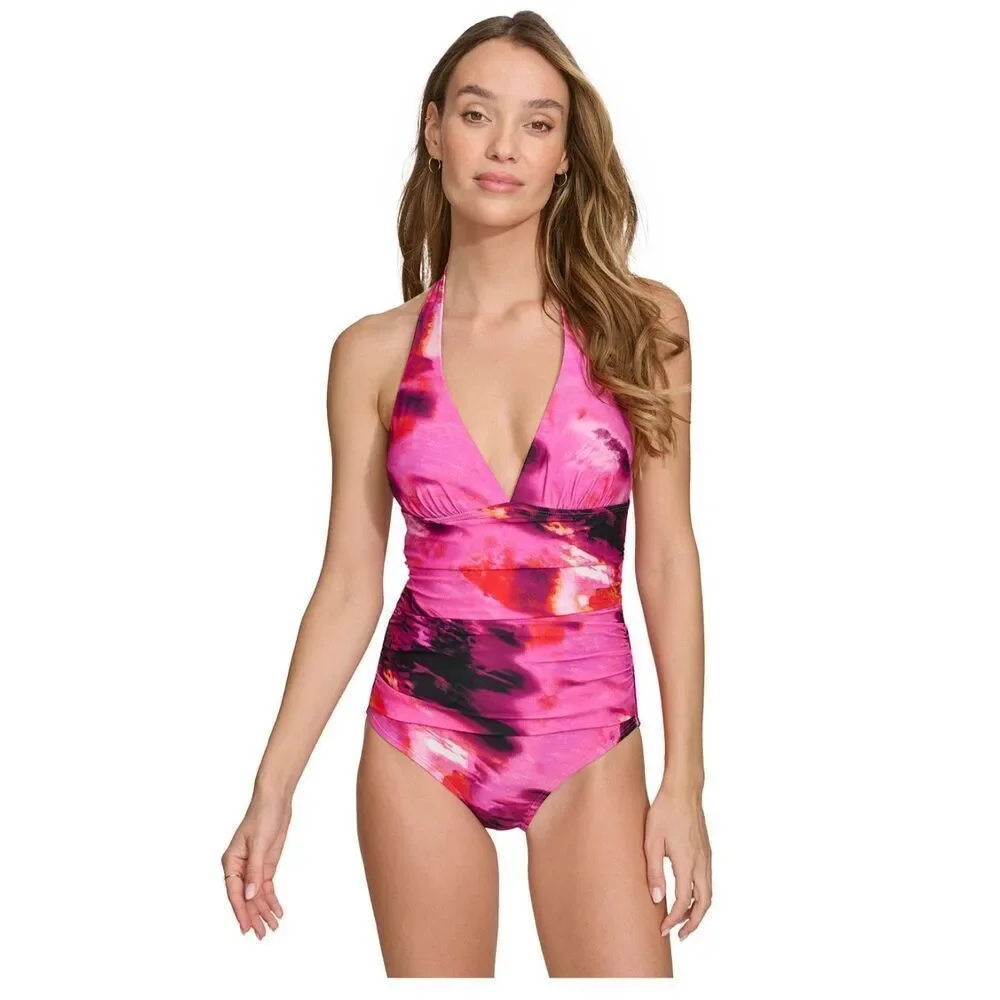 DKNY Womens Size XL Tie Back Halter Style One Piece Swimsuit Pink Black New - Picture 1 of 5
